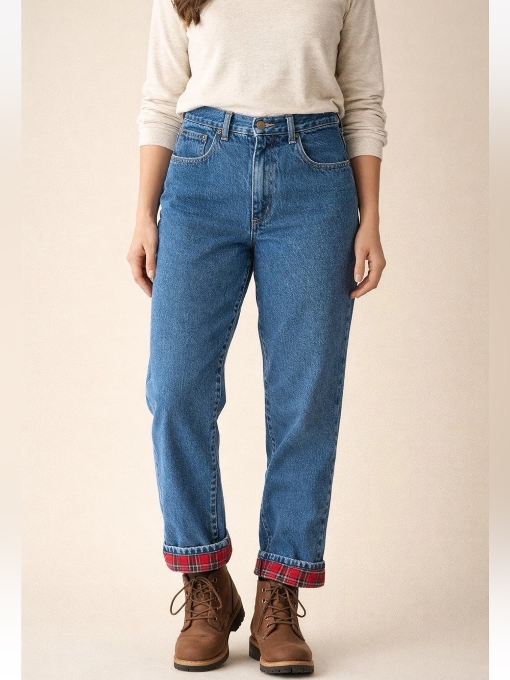 LL Bean Vintage Women’s Flannel Lined Jeans Blue Straight Leg Plaid Cuff Sz 6P